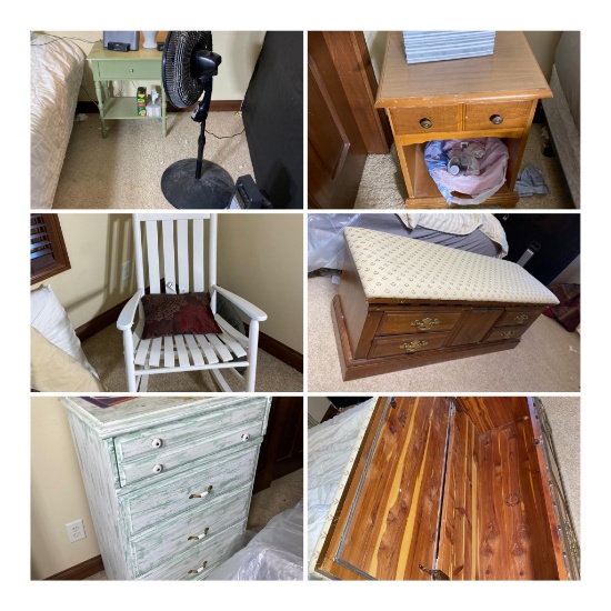 Room Contents Lot: Nightstand, Cedar Trunk Dresser, Nice Rocker and More