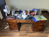 Wooden Desk Plus Items on Desk, Fan