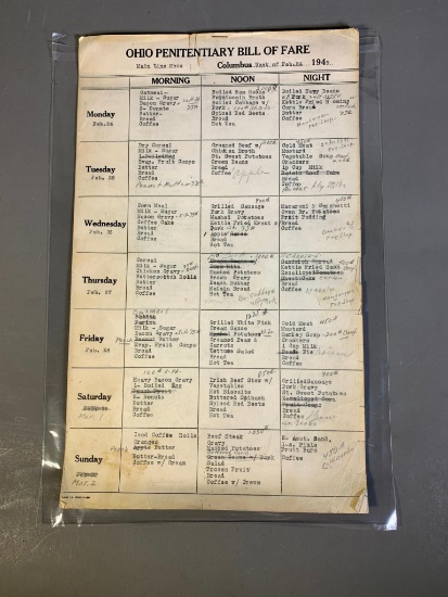 Rare Ohio Penitentiary Bill of Fare Menu Several Pages