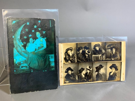 2 Better Real Photo Postcards RPPCs Blue w/Flat + Moon, Ladies in Hats