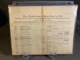 1918 Price Classifications for Motor Cars Listing