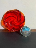 Vintage Fenton Atomic Red Swirl Art Glass Bowl & Blue / Clear Art Glass Vase / Paper Weight