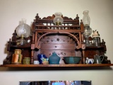 Antique Victorian Style Shelf with Contents - Oil Lamps, Pottery, Glassware