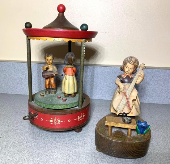Vintage Anri Carousel Music Box & Vintage Toriart Carved Wood Girl Playing Instrument Art