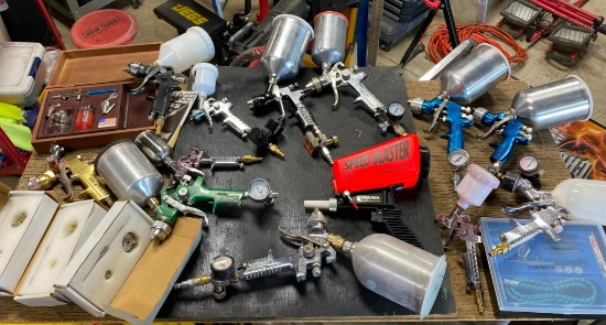 Huge Group of Automotive Paint Spray Guns + Cabinet Full of Paints, Accessories and More