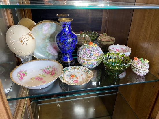 Shelf Lot of China, Carnival Glass Herend Hungary, PK Silesia, Enameled Chinese Vase