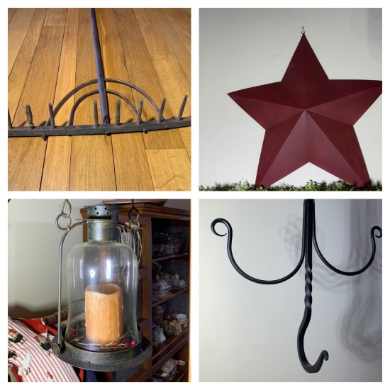 Antique Rake, Lantern, Red Primitive Style Star & Decorative Hooks