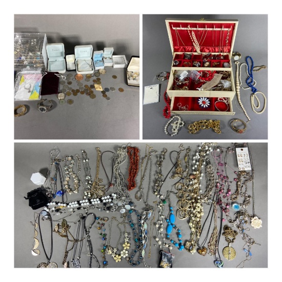 Large Lot Vintage Costume Jewelry, Coins and more