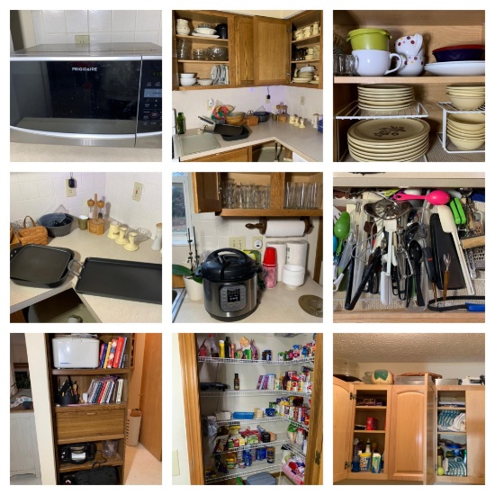 Kitchen Cleanout - Frigidaire Microwave, Pfaltzgraff China, Baking Items, Pressure Cooker,