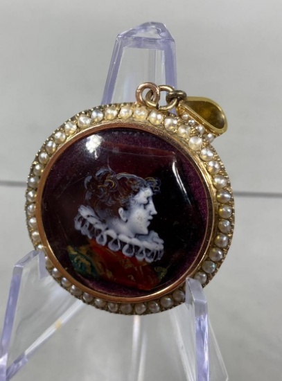 Unusual Early Pendant with Painted Glass Octagon Lady Crimped Ruff