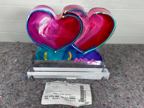 Peter Max Signed Painted Lucite Sculpture Two Hearts Vers. III