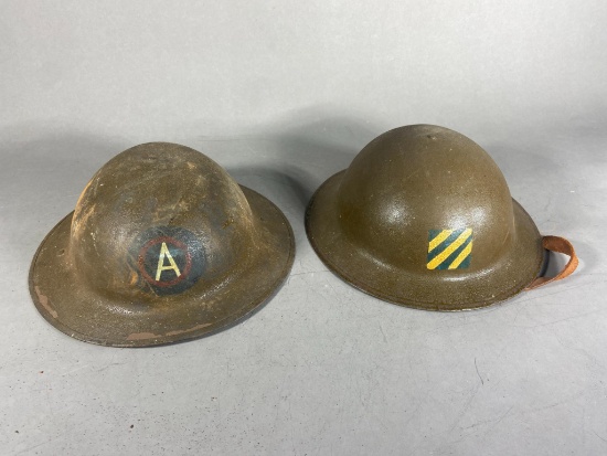 2 Painted WWI Doughboy Helmets with Insignia