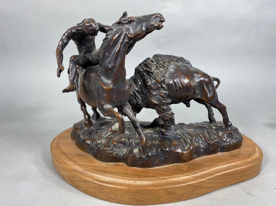 After C.M. Russell Bronze Sculpture Native American on Horse with Buffalo