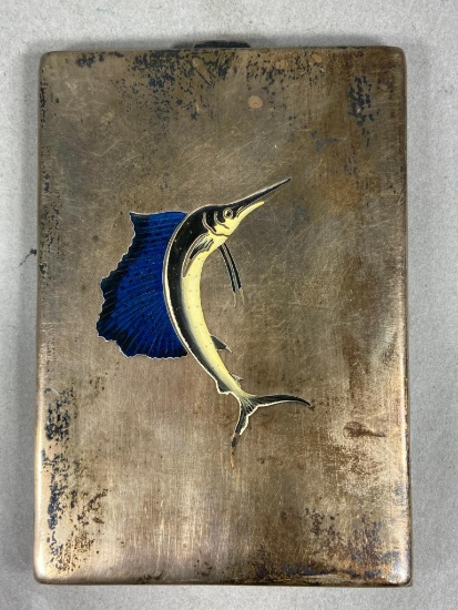 Unusual Sterling Silver Cigarette Case with Enamel Swordfish