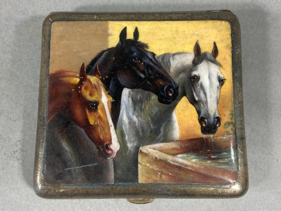 955 Sterling Silver Cigarette Case Enamel Horses 145.5 grams