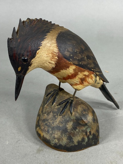A. Elmer Crowell Decoy Carved Bird Kingfisher