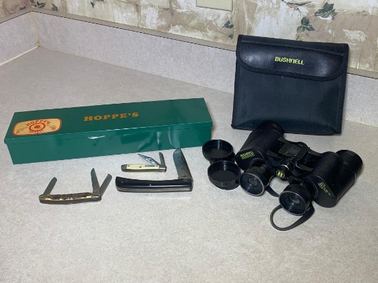 Hoppe's Gun Cleaning Kit, Bushnell Binoculars, Pocket Knives including Schrade, Case XX, Sears