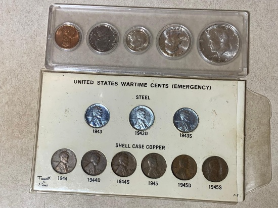 U.S. Wartime Cents Steel & Shell Case Copper & 1964 Coin Set
