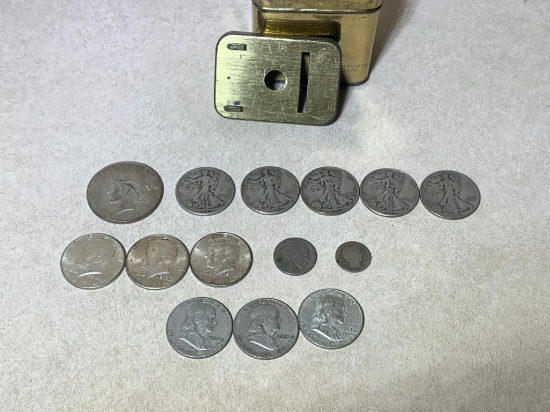 Group of Silver Coins & Small Tin Bank (No Key)