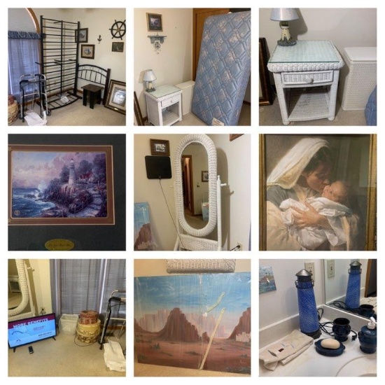Bedroom / Bathroom Contents Lot - Single Bed Frame, Single Mattress, Wicker Floor Mirror
