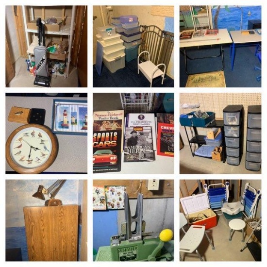 Basement Contents Lot - Cabinets, Oreck Vacuum, Organizers, Books, Beach Chairs, Cooler & More