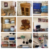 Kitchen / Garage Contents Lot - Glassware, Table, Corner Cabinet, Framed Prints