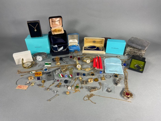 Group Lot Assorted Costume Jewelry Including Tiffany Watch, Sterling Silver