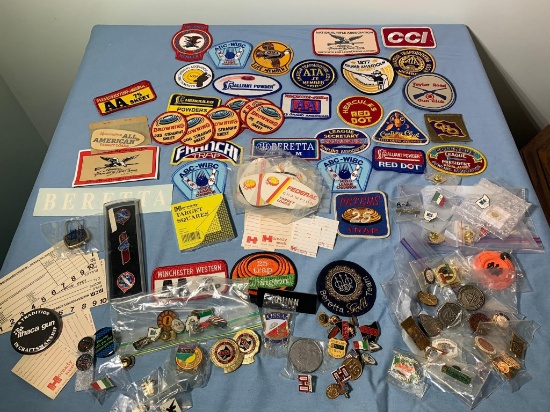 Great Group of Gun Related Shooting Patches, Pins and Stickers