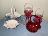 Group of Glass Baskets - Vintage Fenton Ruby Basket, Fenton Cranberry Basket,