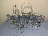 Group of Clear Glass Baskets, Candle Holders & Pitcher