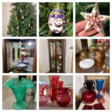 Fenton Vase, Cloisonne Enamel Christmas Ornaments, Display Cabinet,