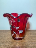Fenton Ruby Hand Painted 100th Anniversary Founders Vase, Signed