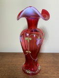 Fenton Hand Painted Cranberry Opalescent Vase