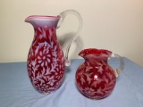 Vintage Fenton Daisy and Fern Cranberry Opalescent Large Pitcher & Small Pitcher