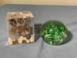 Vintage Lucite Penny Cube Paper Weight & Art Glass Paper Weight
