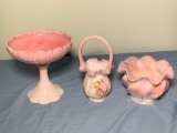 Fenton Pink Rosalene Compote Dish, Fenton Hand Painted Basket &