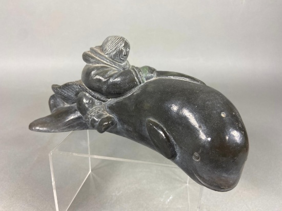 Vintage Inuit Tribal Carved Soapstone Hunter with Whale