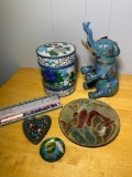 Group of Cloisonne Items - Elephant, Chopsticks, Plate & More