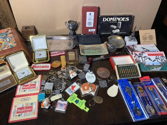 Group of Collectables - Zippo Lighter, Key Chains, Collector Spoons