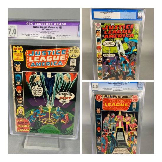 3 Justice League of America, #98 7.0 5/72, #78 7.0 2/70, #100 4.0 8/72 8/72 CGC Universal Grade DC