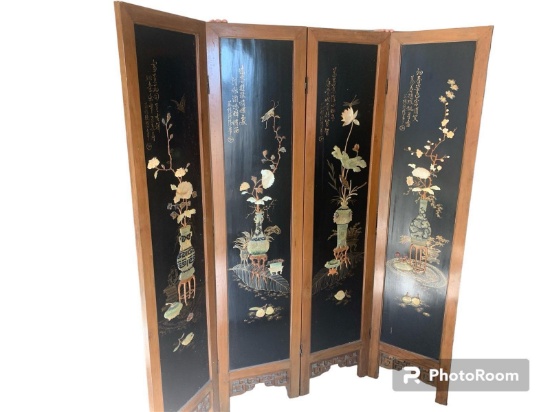 Black Lacquer Carved Stone, Painted, Chinese 4-Panel Screen