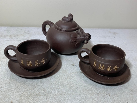 Chinese Yixing Zisha Clay Tea Pot, Teacups, Saucers