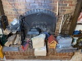 Lot of Items in Front of Fireplace - Tools, Wood, Bird Houses, Trap
