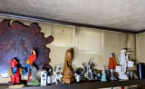 Shelf Lot of Decorative Items, Clock, Parrots, Lava Lamp
