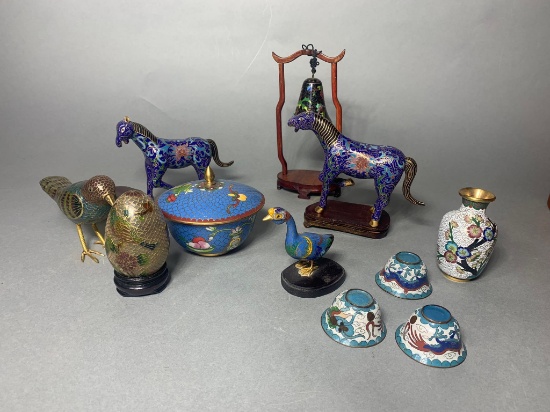 Group of Cloisonne Items - Horses, Bird, Egg, Vase, Bird & Bell