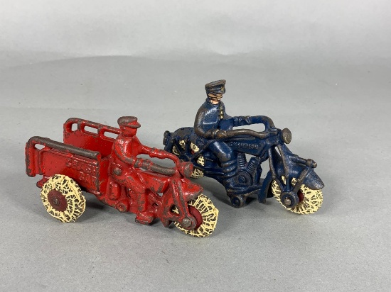 Antique Hubley Cast Iron Toy "Crash Car" Motorcycle & Vintage Champion Cast Iron Police Motorcycle