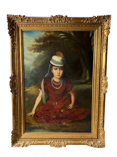 Large Oil on Canvas Portrait of a Girl Painting J. Leon