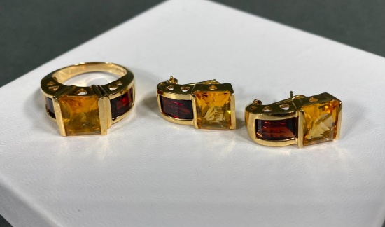 14k Gold, Gem Set Ring, Matching Earrings 15.6 grams