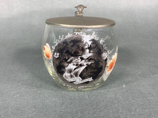 Antique Hand Painted Waterfall Scene "Mirafalle Pernitz" Souvenir German Container with Pewter Top