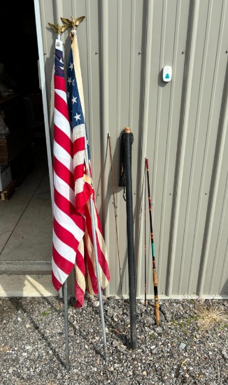 Heddon Global Fast Taper Fishing Pole, Two Vintage Porch Flags with Eagle Toppers